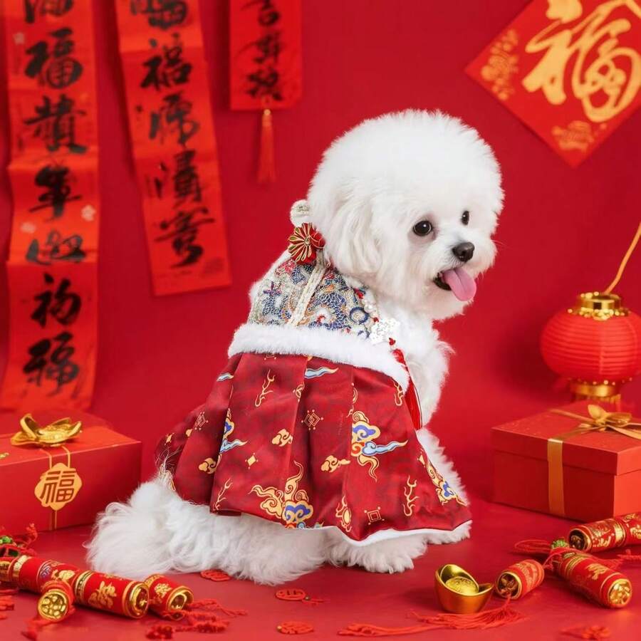 1件中国新年风格旗袍，适合狗狗和猫咪，节日公主裙