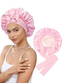 Black Satin Lace Bow Elastic Lightweight Shower Cap For Women & Girls - Multicolor - View 24