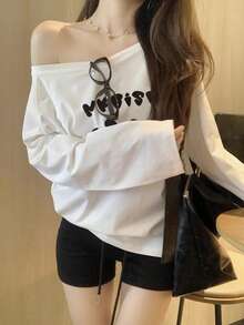 女士白色极简撞色黑色可爱卡通猫印花百搭纯色不对称领口不对称肩部浪漫休闲居家街头校园Y2K时尚T恤 春季 - 白色 - 查看 5