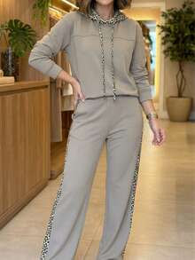 Women's Casual Leopard Print Drawstring Bodysuit And Pants Set, Minimalist Spring Outfit - Grey - View 2