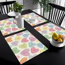 1/4/6/8/12 Stücke Set, Rotes Herz Muster, Valentinstag, Karomuster, Leinen Tischsets, waschbare bedruckte Tischsets, Oberflächenschutzmatten, Tischsets für Innen und Außen, geeignet für Feierlichkeiten und Küchendekoration - Verschiedenfarbig - Übersicht 8