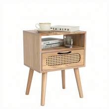 Buró Mesa De Noche Para Recámara Con Estante Y Cajón En Ratán Natural Color Madera Clara Café, Buró Multifuncional para Dormitorio y Sala de Estar - Marrón - Ver 9