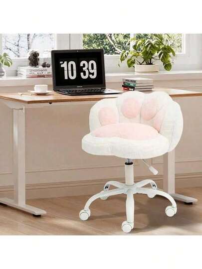 Dragonpad Armless Vanity Chair With Cat Paw Back, Cute Small Office Desk Chair With Wheels, Teddy Fabric 360°Rotating Computer Chair, Adjustable Height For Vanity, Kids Room, Office, Bedroom