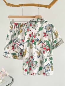 2件套女士丛林植物印花翻领短袖短裤睡衣套装，家居服 - 綠色 - 查看 2