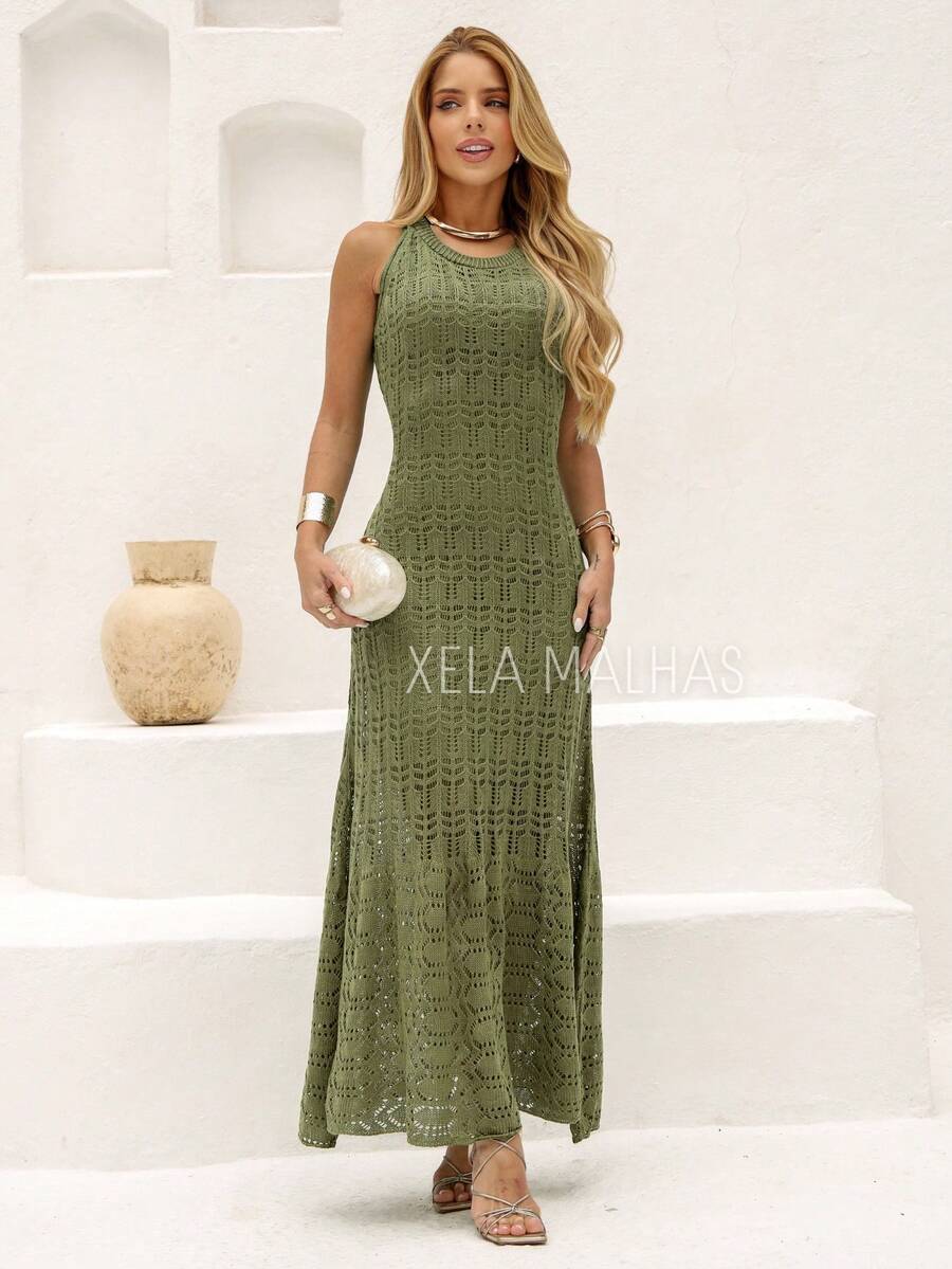 Vestido de Reveillon Tricô Feminino Rendado Forrado Flaire Verão Tricot Elegante