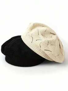1/2pcs Women Knitted Casual Everyday Beret Hat, Solid Color Fashion Versatile Cap,Summer,Beach - Multicolor - View 4