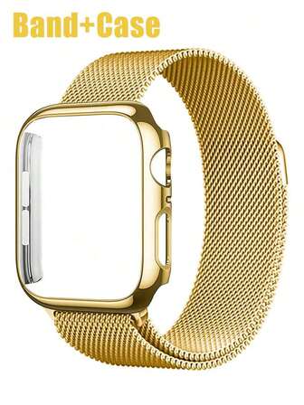 2-i-1-armband + fodral, kompatibel med Apple Watch. Mjukt, andningsbart, justerbart armband i rostfritt stål i kombination med magnetiskt armband och reptåligt, ihåligt PC-fodral. Kompatibel med Apple Watch-serien Ultra/11/10/9/8/7/6/5/4/SE, storlekar 40/41/42/44/45/46/49 mm. Bekväm att bära med utmärkt känsla. Lämplig för både män och kvinnor.