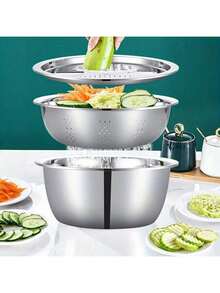 3pcs Stainless Steel Kitchen Set With Integrated Grater, Multi-Function Strainer And Drainable Prep Bowl - Mixed Material Bowl For Washing/Cutting Fruits, Vegetables And Cheese - Multicolor - View 3