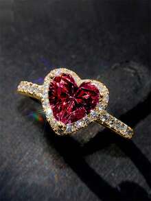 1pc Cubic Zirconia Embedded Charm Ring, Suitable For Women As Valentine's Day Gift, Wedding Anniversary Gift Or Party Accessory - Gold + Red - View 2