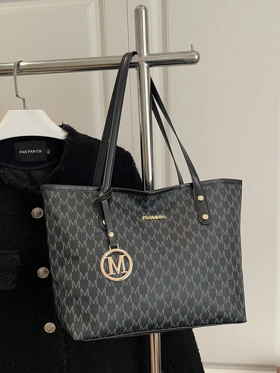 2023 New Fashion Women Large Capacity All-Over Allover Print Letter Pattern Decor Dual Handle Tote Bag, Suitable For Work And Commute