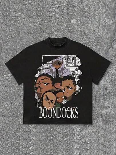 Camiseta de Hombre Camiseta de Hombre 'Boondocks' con Patrón de Dibujos Animados Cómoda Casual de Manga Corta Adecuada para Todas las Estaciones Camiseta de Algodón Pesado Impresa
