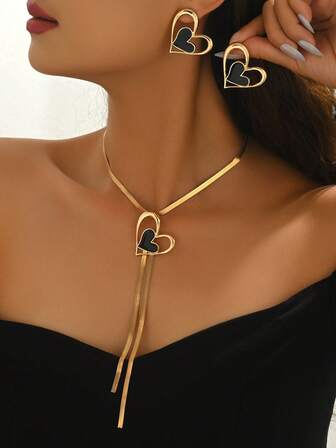 2pcs/Set New Creative Personalized Fashion Elegant Versatile Heart Drip Oil Tassel Y-Shaped Elegant Party & Daily Wear Autumn/Winter Set