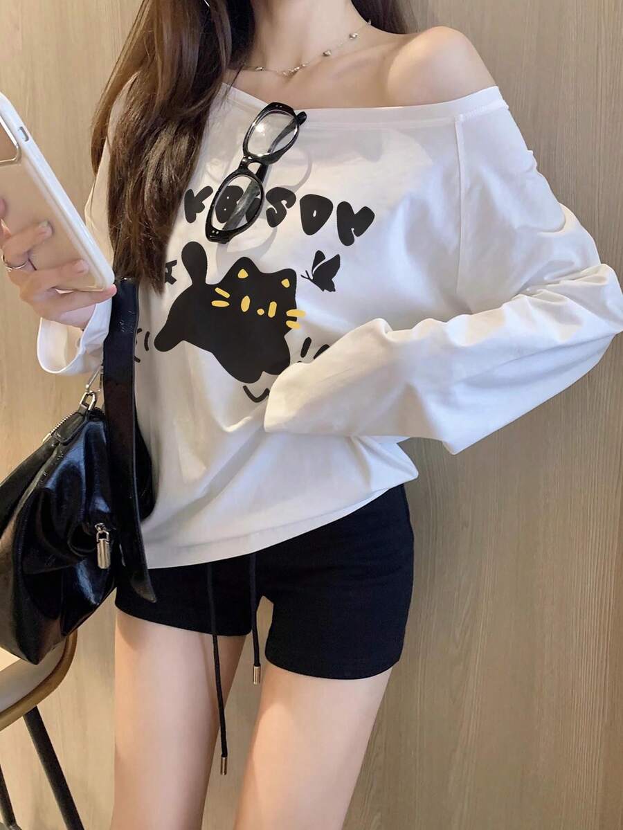 女士白色极简撞色黑色可爱卡通猫印花百搭纯色不对称领口不对称肩部浪漫休闲居家街头校园Y2K时尚T恤 春季 - 白色 - 查看 1