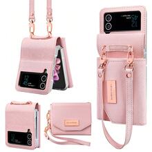 VIETAO Ốp lưng kiêm ví có dây đeo cho Galaxy Z Flip 3/4/5/6/7, vỏ bảo vệ thời trang với khe đựng thẻ, phù hợp với Flip3/Flip4/Flip5/Flip6 - Hồng - Xem 2