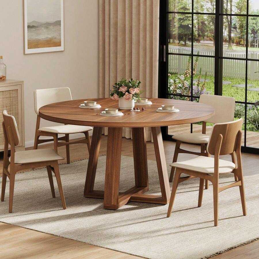 LIZHOUMIL 47 Inch Round Dining Table For 4-6 People, Circle Kitchen Table With Cross Base, Farmhouse Wood Dinner Table For Apartment, Kitchen, Living Room - Brown - View 1