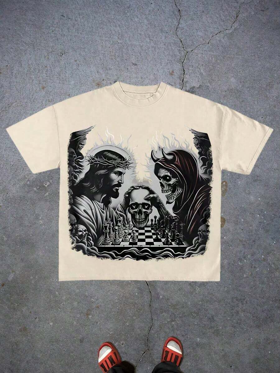 Saint Tears(Cotton T-Shirt) Men's Round Neck Short-Sleeved Cotton Casual T-Shirt, Loose Style, Versatile, Unisex, Suitable For Holiday Trave - Albaricoque 2 - Ver 1