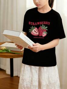 Tween Girls' Casual Apricot Colored Graphic Print Round Neck Short Sleeve T-Shirt, Summer Top - Black - View 8