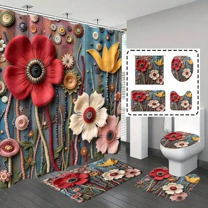 【热门之选】1件/4件套2D印花浴室浴帘，浴室套装，浴帘套装，浴帘，浴室装饰，浴室地毯，家居装饰，浴垫，浴室地垫，木纹和花卉图案，礼品，主题装饰，浴室套装，含12个挂钩