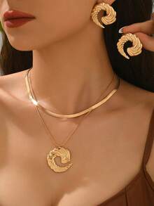 2pcs/Set New Spiral Left & Right Seashell Asymmetrical Double Layer Pendant Necklace Set, Casual & Unique European Style - Yellow Gold - View 5