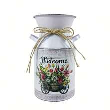 Vintage Iron Wire & Rope Tie-Up Decor With "Welcome" Slogan And Spring Floral Cart Pattern, Brings Fresh And Lively Atmosphere. Can Be Used As A Vase For Spring Branches Or A Storage Jar For Small Items, Suitable For Foyer, Balcony Decoration, Both Home And Commercial Use. - Four Seasons Double-eared Pot 5 - View 13