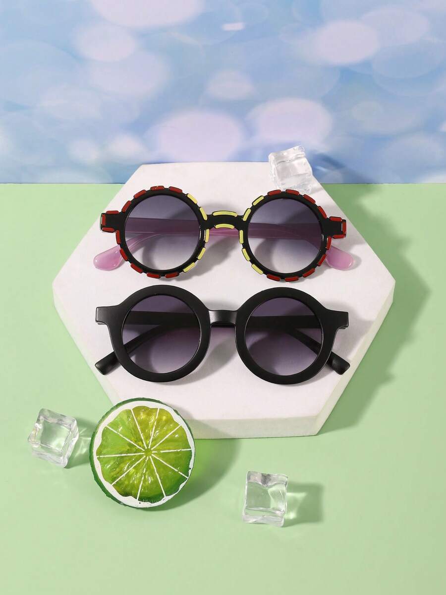 2pcs Boys' And Girls' 3-8Y Polycarbonate Round Frame Cute Fashion Glasses, Outdoor Travel Festival Out - Multicolor - View 1