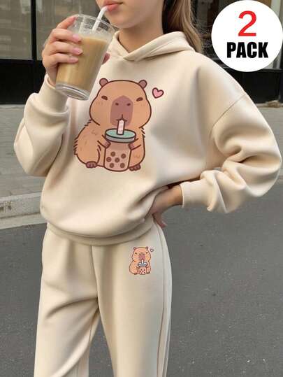 2pcs/Set Girls Cute Guinea Pig Print Thermal Lined Hoodie Sweatshirt & Pants Set, Warm Autumn/Winter Children Outfit - Soft & Comfortable Tween Girl Hooded Sweatshirt To Showcase Their Personalized