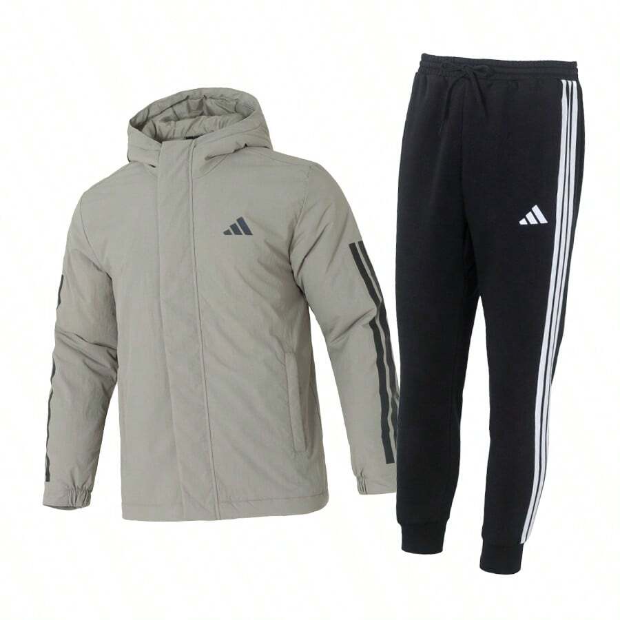 Adidas Men's Tracksuit: Hooded Cotton Jacket + Trousers. Comfortable Everyday Casual Outdoor Hooded Cotton Jacket, Soft And Lightweight, Knitted Fleece-Lined Trousers. - Pebble Silver-gray/black/white - View 1