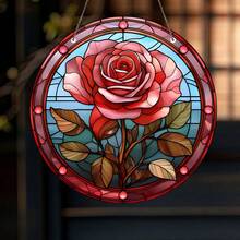 2D平面彩绘玻璃玫瑰吊坠，1个装 - 圆形亚克力悬挂装饰，适用于家居、窗户、花园、圣诞节、情人节、婚礼、生日装饰 - 轻巧耐用，室内/室外皆宜 - 充满活力的2D平面设计和彩绘玻璃艺术效果，是完美的礼物之选 - 适用于客厅、卧室或派对装饰的艺术品 - 亞克力-圓 - 查看 3