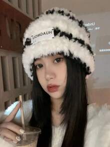 1pc Versatile Fuzzy Striped Bucket Hat, Women Winter Knitted Beanie Cap, Thick Warm Ear Protection Fluffy Bucket Hat - Black - View 5