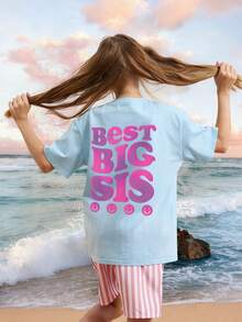 1pc Girls Casual Printed Short Sleeve Crew Neck T-Shirt, Lightweight Summer Tops For Young Students - Blue - View 2
