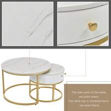 Set Of 2 Round Nesting Tables With Drawer, Gold Metal Frame And Marble Pattern Top, Side Tables For Living Room Or Bedroom - White + MDF - View 5