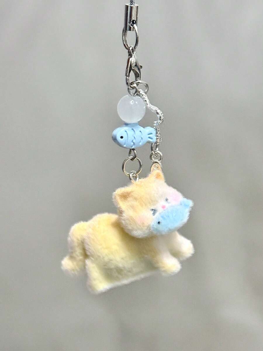 1pc "Fat Orange Kitty Loves Fish" Plush Cat Phone Charm, DIY Creative Gift, Camera/Bag Cute Pendant, Suitable For Women's Daily Use