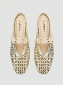 ADAMUMU New Women's Breathable Woven Texture Rhinestone Decor Open Toe Slip-On Flat Mules, Simple & Fashionable For Daily, Commuting, All Seasons, Black Woven - Gold - View 1