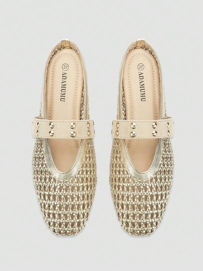ADAMUMU Nuevas Mulas planas de mujer con textura tejida transpirable, decoración de rhinestone, punta abierta y sin cordones, simples y de moda para uso diario, ir al trabajo, todas las estaciones, negro tejido