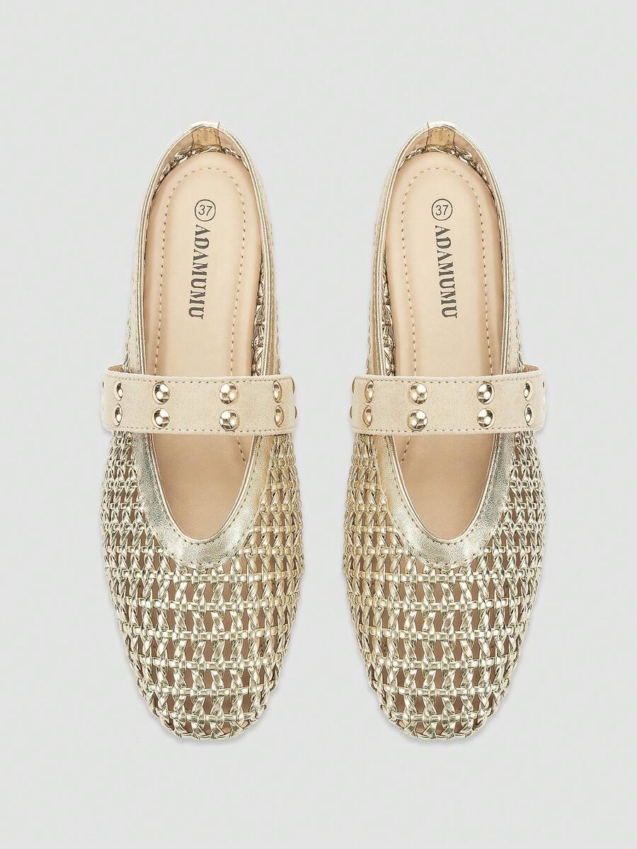 ADAMUMU New Women's Breathable Woven Texture Rhinestone Decor Open Toe Slip-On Flat Mules, Simple & Fashionable For Daily, Commuting, All Seasons, Black Woven - Gold - View 1