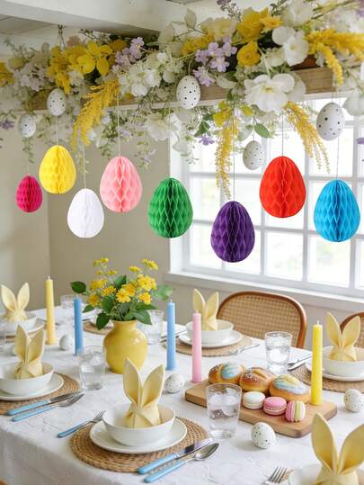 8pcs Easter Honeycomb Hanging Decorations, 3D Paper Honeycomb Easter Egg Centerpieces, Suitable For Easter Party Supplies, Easter Decorations, Hanging Decor, Home Decor, Tabletop, Ceiling, Indoor Outdoor, Easter Egg Decor, Egg Hunt Party, Easter Gifts