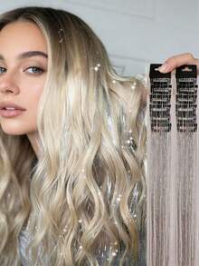 12pcs Mid-Length Straight Synthetic Hair Clips, Fashion Party Gift For Women, 12pcs Colorful Glitter Hair Extensions 20 Inch, Holiday Gift Hair Clips Shiny Hair Accessories - Multicolor - View 2