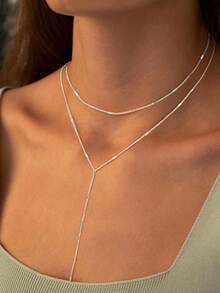 1pc Elegant Multi-Layer Silver-Plated Chain Pendant Necklace, Y-Shaped Layered Necklace, Minimalist Versatile Chain Necklace, Tassel Style Necklace - Silver Stacked Y-shaped Chain Necklace - View 2