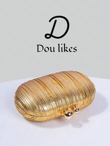 Shiny Pleated Mini Egg-Shaped Clutch Bag, Elegant Metal Double Pearl Snap Design, Suitable For Party Girls, Brides, College Students, Young Professionals, Parties, Celebrations, Weddings, With Metal Chain - Gold - View 7