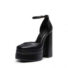 Women's Square Toe Block Heel Chunky Platform Wedding Shoes, Adjustable Ankle Strap Pumps For Prom - Black - View 5