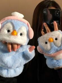 2025新款可爱企鹅毛绒手套，女士多功能韩版保暖短款卡通围巾手套，冬季必备