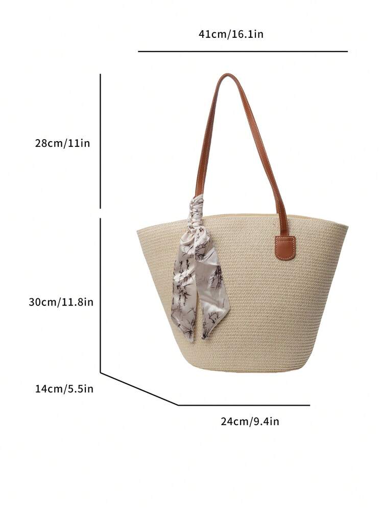 Minimalist Scarf Decor Straw Tote Bag For Women, Portable Shoulder Handbag Suitable For Vacation Travel, Scarf Randomly Included - Beige - View 8