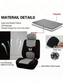 通用蝴蝶图案汽车座椅套（9件套/4件套）| 兼容安全气囊，防水透气。9件套（5座）包含：2个前排座椅套、1个靠背套、1个后排座椅套和5个头枕套。4件套（2座）包含：2个前排座椅套和2个头枕套。