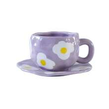 CMYD Studio 1 件 280 毫升原创北欧风格手工陶瓷咖啡杯碟套装，多色格子、心形、云朵、花卉图案，适合下午茶、牛奶、拿铁、甜点盘 - 很棒的礼物