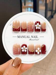 JUTI 10片手工短款杏仁形美甲贴纸 | 裸色和酒红色，3D立体花朵，金色珠子和仿珍珠 | 优雅日常可重复使用美甲套装，包含1片果冻胶和1个指甲锉 | 手工美甲贴片 - 彩色 - 查看 3