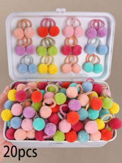 20pcs/Pack Cute Colorful Fluffy Ball Hair Ties, Baby Hair Accessories, Girls Hair Scrunchies