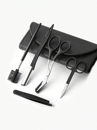 5-delars svarta ögonbrynsverktygskit - Inkluderar skönhetssax, ögonbrynstrimmer, ögonbrynshyvel, ögonbrynsborste, pincett i rostfritt stål och läderfodral, professionellt halkfritt handtag, multifunktionellt precisionsformnings- och vårdset, bärbart kit för makeup-salong