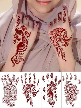 4 แผ่น สติกเกอร์เฮนน่าแทททู มูบารัค สีน้ำตาล มือ เฮนน่า แทททูชั่วคราว กันน้ำ สติกเกอร์เฮนน่า เซ็กซี่ Mehndi แทททู สำหรับมือ รอมฎอน ของตกแต่ง สำหรับผู้หญิง งานแต่งงาน เทศกาล ปาร์ตี้ วันวาเลนไทน์