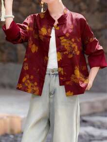 中国新年女士立领长袖印花梭织衬衫裙，纽扣前襟，常规长度 - 酒紅色 - 查看 1