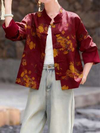 שמלת חולצה בסגנון סיני לנשים עם צווארון עומד, שרוולים ארוכים, מודפסת ארוגה בסגנון טאנג, מכופתרת מלפנים, אורך רגיל.